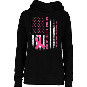 No One Fights Breast Cancer Alone USA Flag Pink Ribbon Womens Funnel Neck Pullover Hood