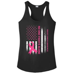 No One Fights Breast Cancer Alone USA Flag Pink Ribbon Ladies PosiCharge Competitor Racerback Tank