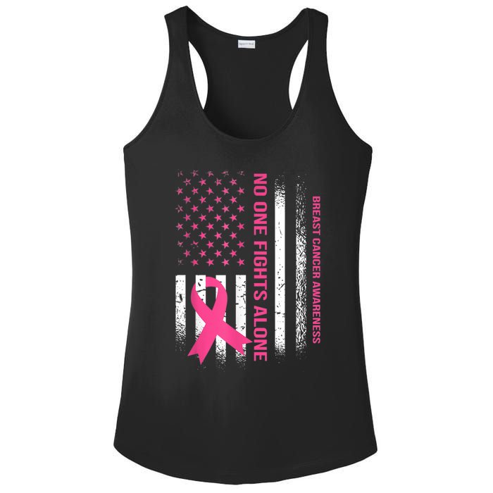 No One Fights Breast Cancer Alone USA Flag Pink Ribbon Ladies PosiCharge Competitor Racerback Tank