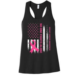 No One Fights Breast Cancer Alone USA Flag Pink Ribbon Women's Racerback Tank