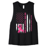 No One Fights Breast Cancer Alone USA Flag Pink Ribbon Women's Racerback Cropped Tank