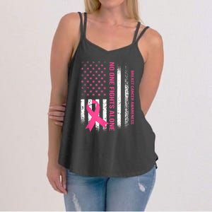 No One Fights Breast Cancer Alone USA Flag Pink Ribbon Women's Strappy Tank