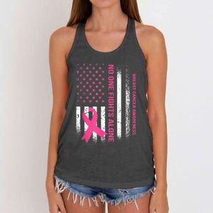 No One Fights Breast Cancer Alone USA Flag Pink Ribbon Women's Knotted Racerback Tank