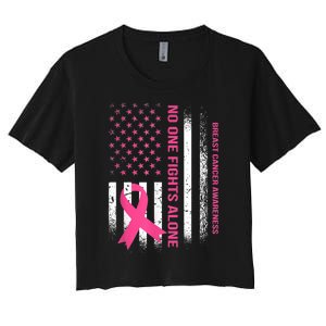 No One Fights Breast Cancer Alone USA Flag Pink Ribbon Women's Crop Top Tee