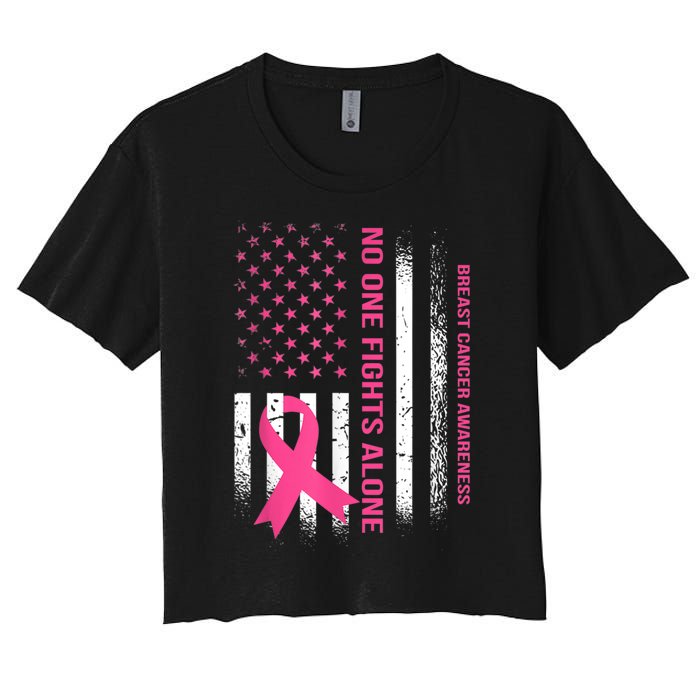 No One Fights Breast Cancer Alone USA Flag Pink Ribbon Women's Crop Top Tee