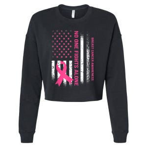 No One Fights Breast Cancer Alone USA Flag Pink Ribbon Cropped Pullover Crew