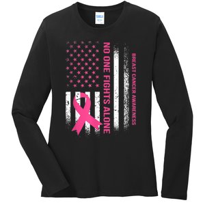 No One Fights Breast Cancer Alone USA Flag Pink Ribbon Ladies Long Sleeve Shirt