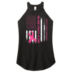 No One Fights Breast Cancer Alone USA Flag Pink Ribbon Women's Perfect Tri Rocker Tank