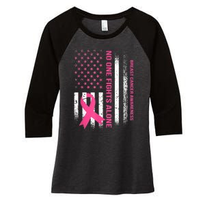 No One Fights Breast Cancer Alone USA Flag Pink Ribbon Women's Tri-Blend 3/4-Sleeve Raglan Shirt