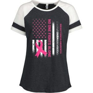 No One Fights Breast Cancer Alone USA Flag Pink Ribbon Enza Ladies Jersey Colorblock Tee