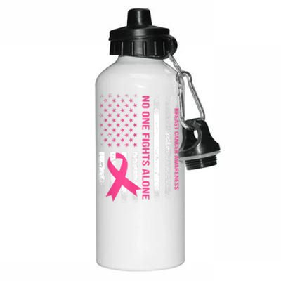 No One Fights Breast Cancer Alone USA Flag Pink Ribbon Aluminum Water Bottle 