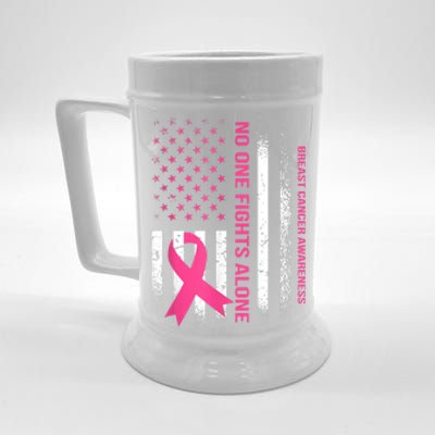 No One Fights Breast Cancer Alone USA Flag Pink Ribbon Beer Stein