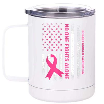 No One Fights Breast Cancer Alone USA Flag Pink Ribbon 12 oz Stainless Steel Tumbler Cup