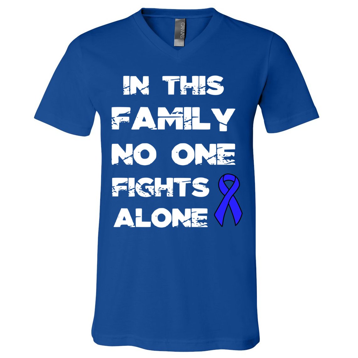 No One Fights Colon Cancer Alone Awareness Blue Ribbon Gift V-Neck T-Shirt