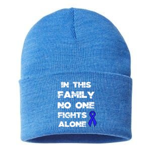 No One Fights Colon Cancer Alone Awareness Blue Ribbon Gift Sustainable Knit Beanie