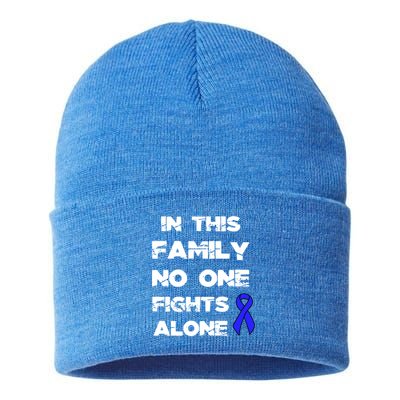 No One Fights Colon Cancer Alone Awareness Blue Ribbon Gift Sustainable Knit Beanie