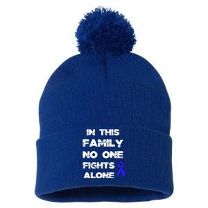 No One Fights Colon Cancer Alone Awareness Blue Ribbon Gift Pom Pom 12in Knit Beanie