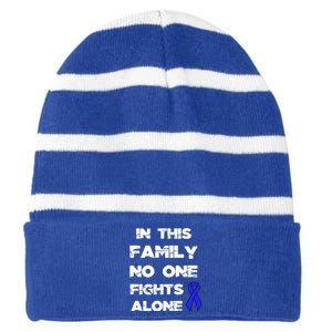 No One Fights Colon Cancer Alone Awareness Blue Ribbon Gift Striped Beanie with Solid Band