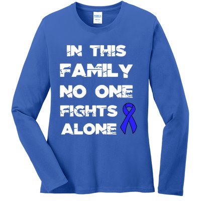 No One Fights Colon Cancer Alone Awareness Blue Ribbon Gift Ladies Long Sleeve Shirt