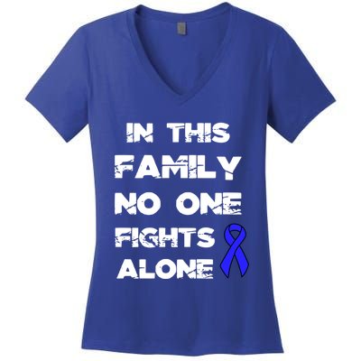 No One Fights Colon Cancer Alone Awareness Blue Ribbon Gift Women's V-Neck T-Shirt