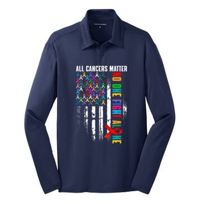 No One Fight Alone American Flag World Cancer Day Silk Touch Performance Long Sleeve Polo