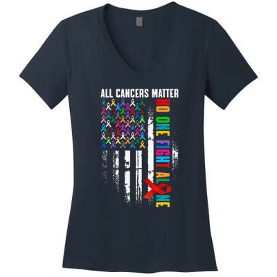 No One Fight Alone American Flag World Cancer Day Women's V-Neck T-Shirt