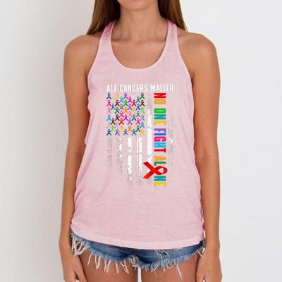 No One Fight Alone American Flag World Cancer Day Women's Knotted Racerback Tank