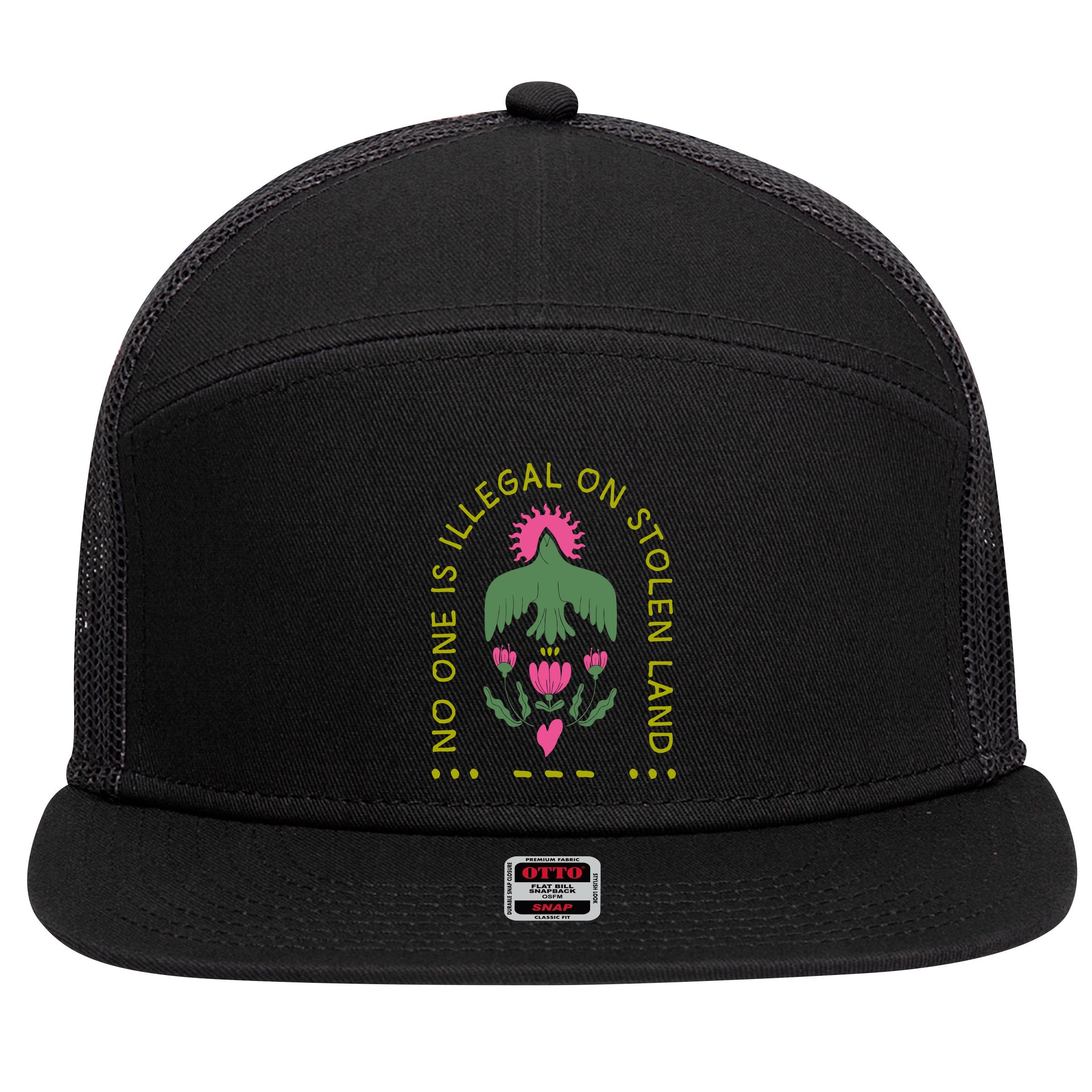 No One Is Illegal On Stolen Land 7 Panel Mesh Trucker Snapback Hat