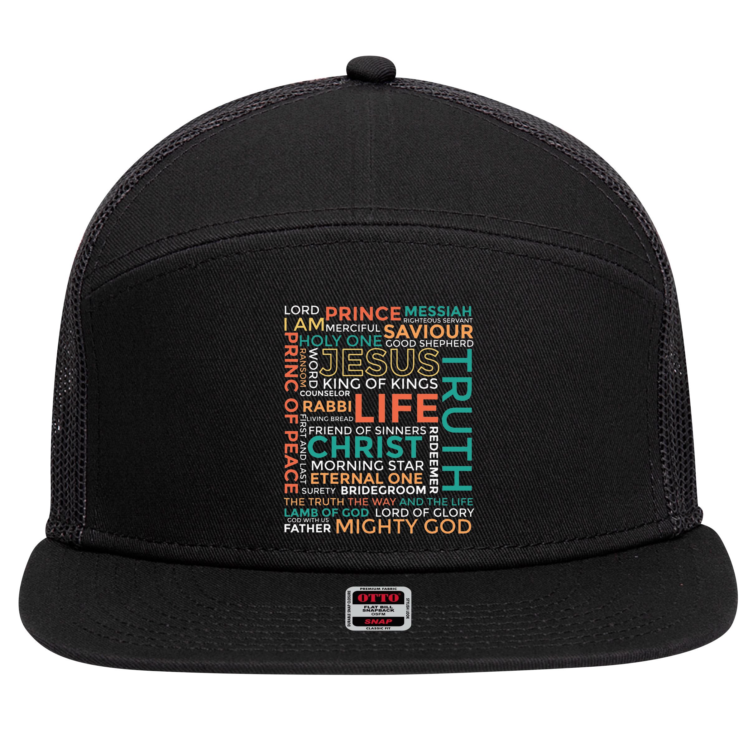 Names of Jesus Christian 7 Panel Mesh Trucker Snapback Hat