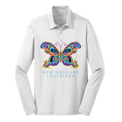 New Orleans Louisiana Souvenir Butterfly Graphic Silk Touch Performance Long Sleeve Polo