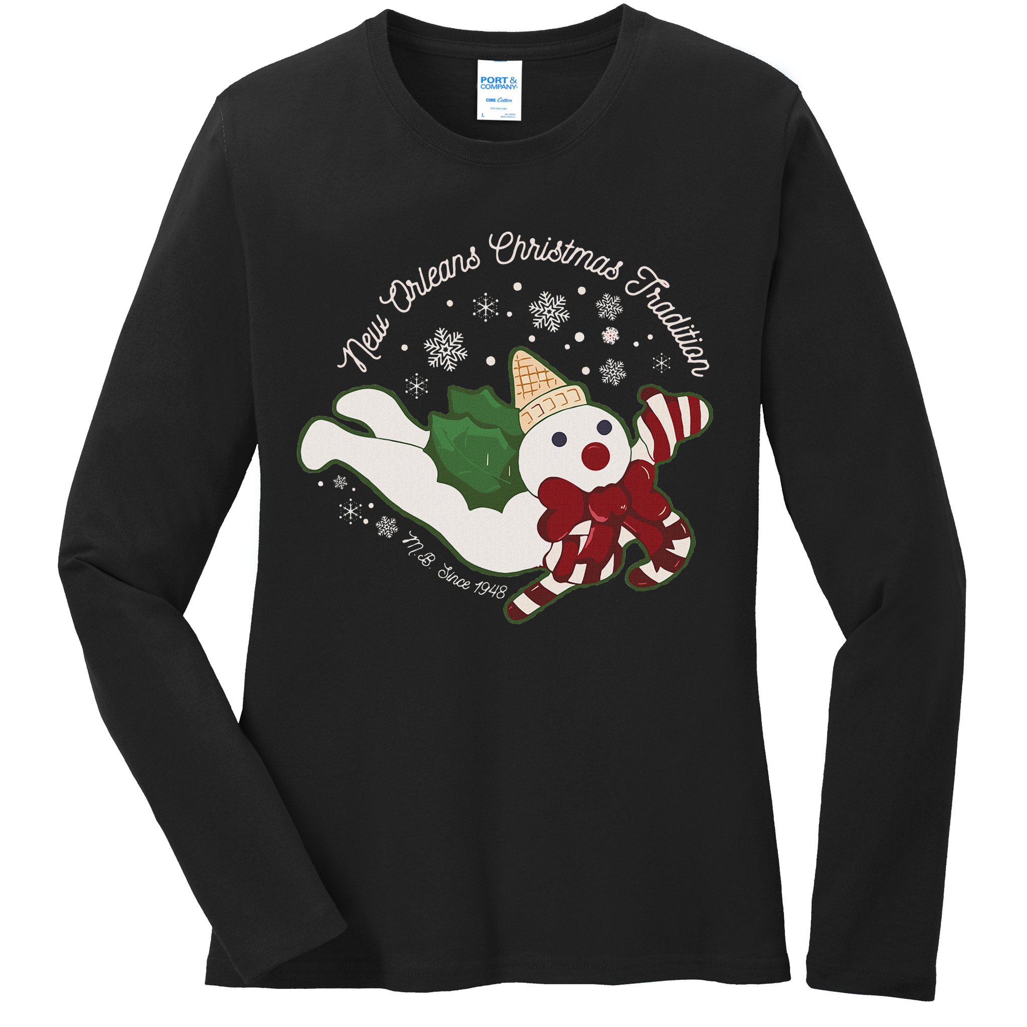 New Orleans Mr Bingle Christmas Tradition Snowmen Christmas Ladies Long Sleeve Shirt