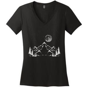 Night Outdoor Nature Trees Mountains Forest Moon Hiking Women's V-Neck T-Shirt