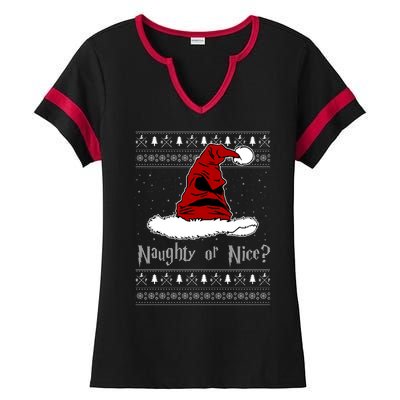 Naughty Or Nice Santa Funny Christmas Holiday Ladies Halftime Notch Neck Tee