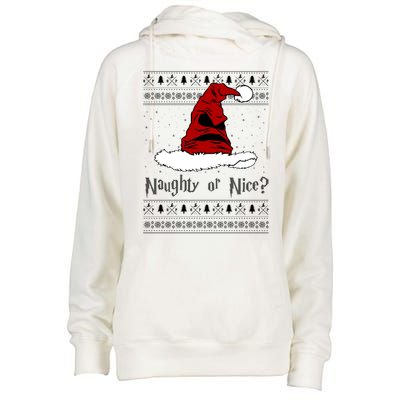 Naughty Or Nice Santa Funny Christmas Holiday Womens Funnel Neck Pullover Hood