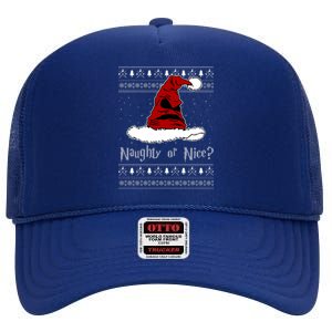 Naughty Or Nice Santa Funny Christmas Holiday High Crown Mesh Back Trucker Hat