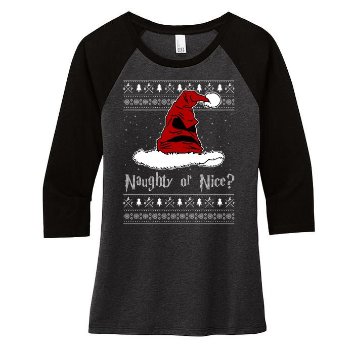 Naughty Or Nice? Sorting Santa Claus Ugly Christmas Sweater Women's Tri-Blend 3/4-Sleeve Raglan Shirt