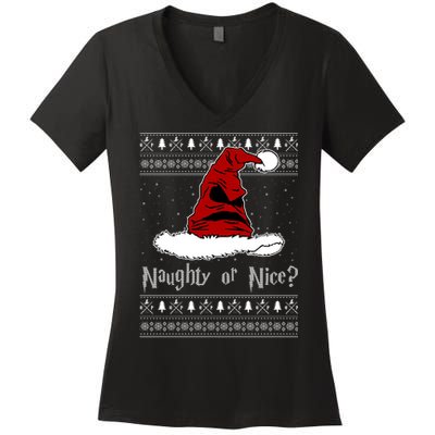 Naughty Or Nice? Sorting Santa Claus Ugly Christmas Sweater Women's V-Neck T-Shirt