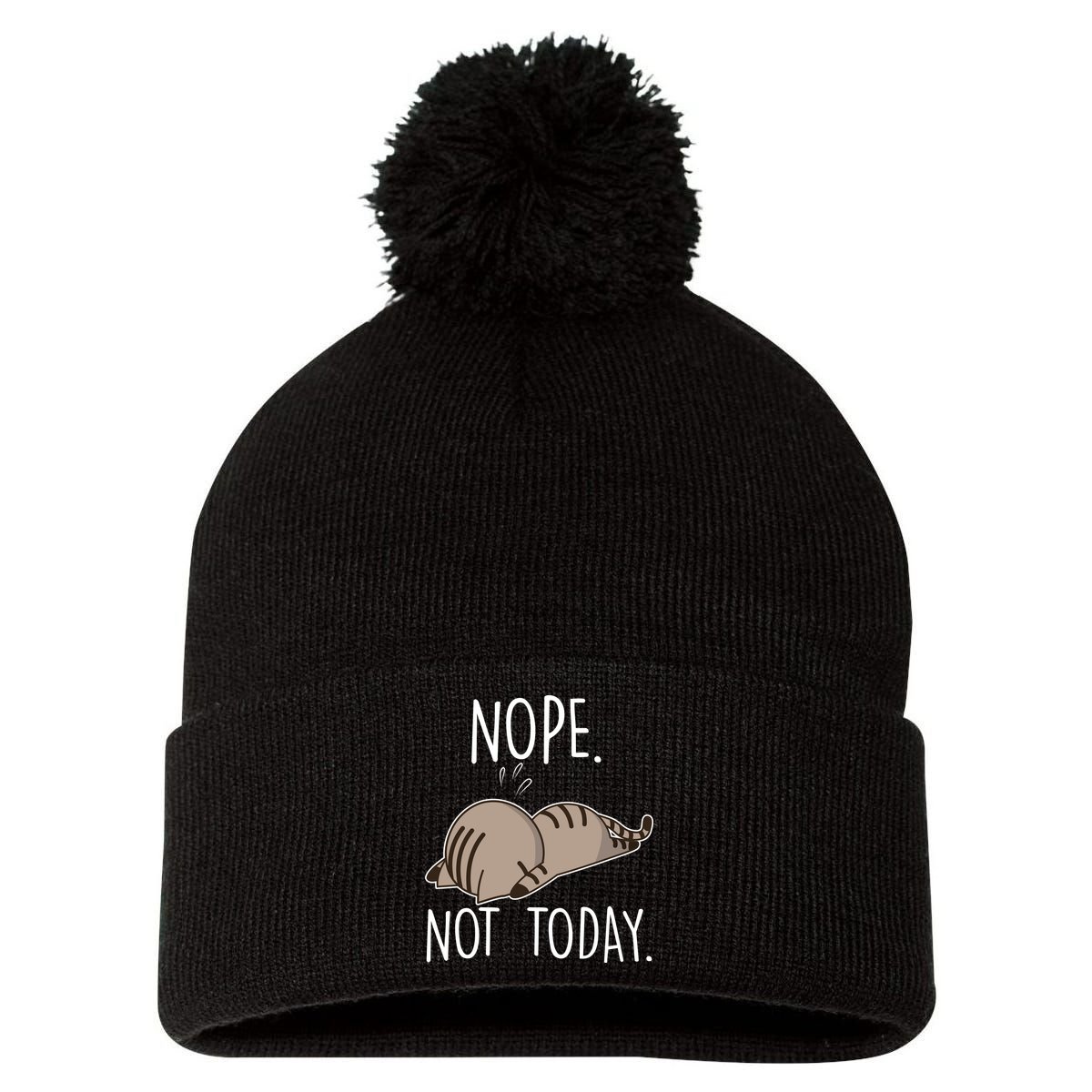 Nope Not Today Funny Lazy Cat Pom Pom 12in Knit Beanie