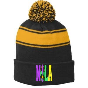 New Orleans Strong 2025 Nola Strong Support Fleur De Lis Stripe Pom Pom Beanie