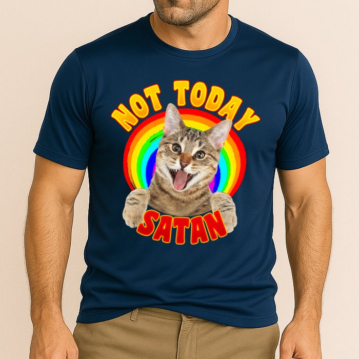 Not Today Satan Funny Cat Rainbow Cooling Performance Crew T-Shirt
