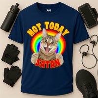 Not Today Satan Funny Cat Rainbow Cooling Performance Crew T-Shirt