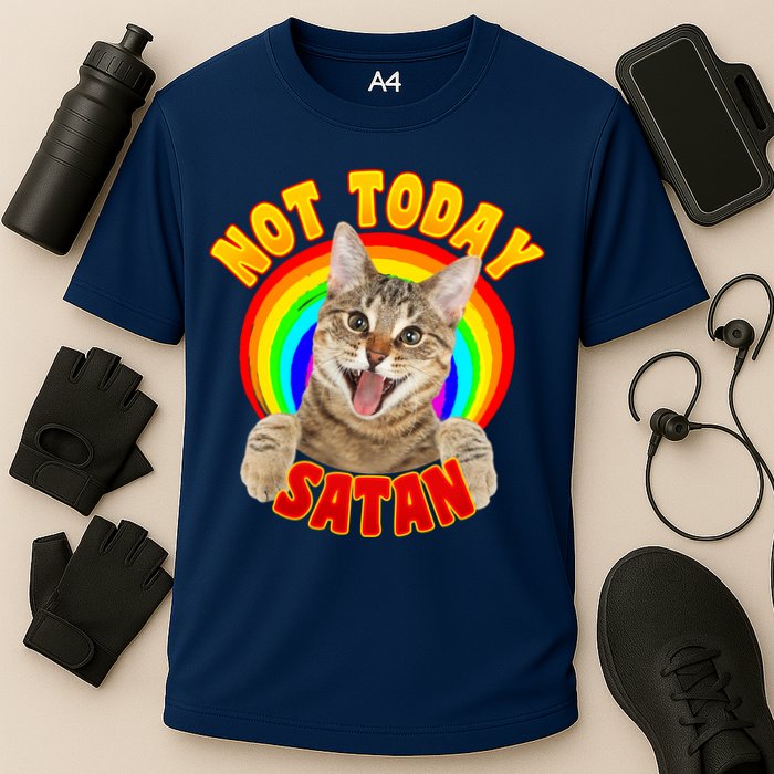 Not Today Satan Funny Cat Rainbow Cooling Performance Crew T-Shirt