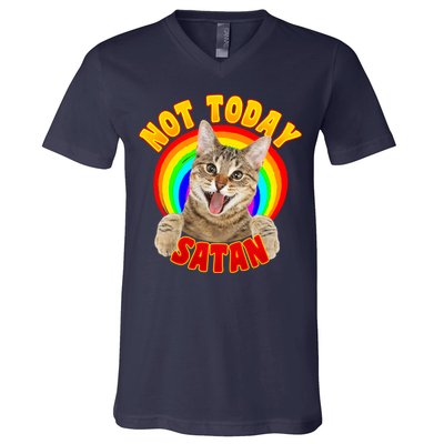 Not Today Satan Funny Cat Rainbow V-Neck T-Shirt