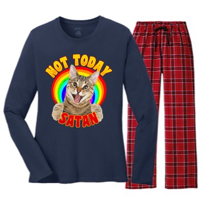 Not Today Satan Funny Cat Rainbow Women's Long Sleeve Flannel Pajama Set 