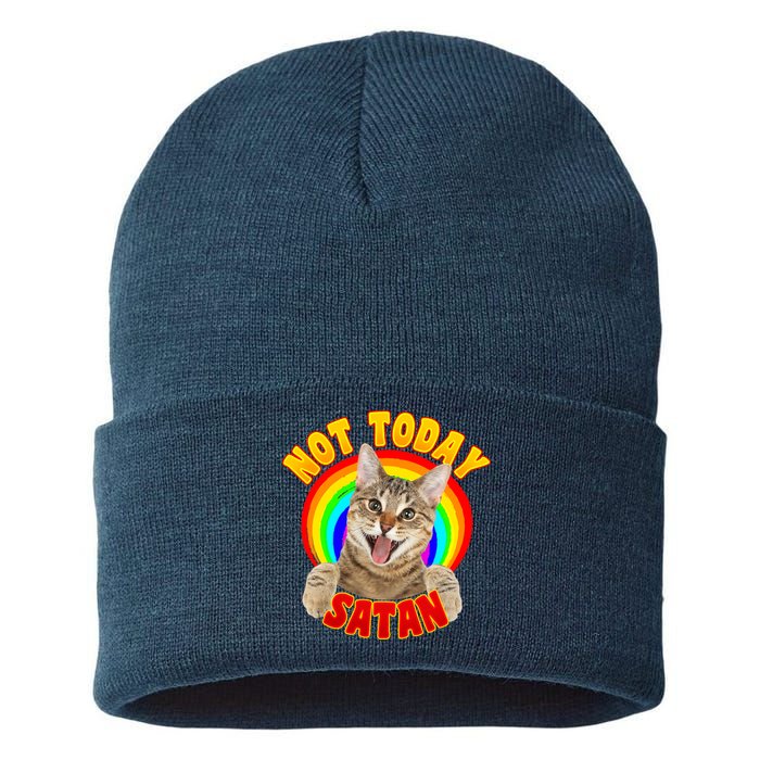 Not Today Satan Funny Cat Rainbow Sustainable Knit Beanie