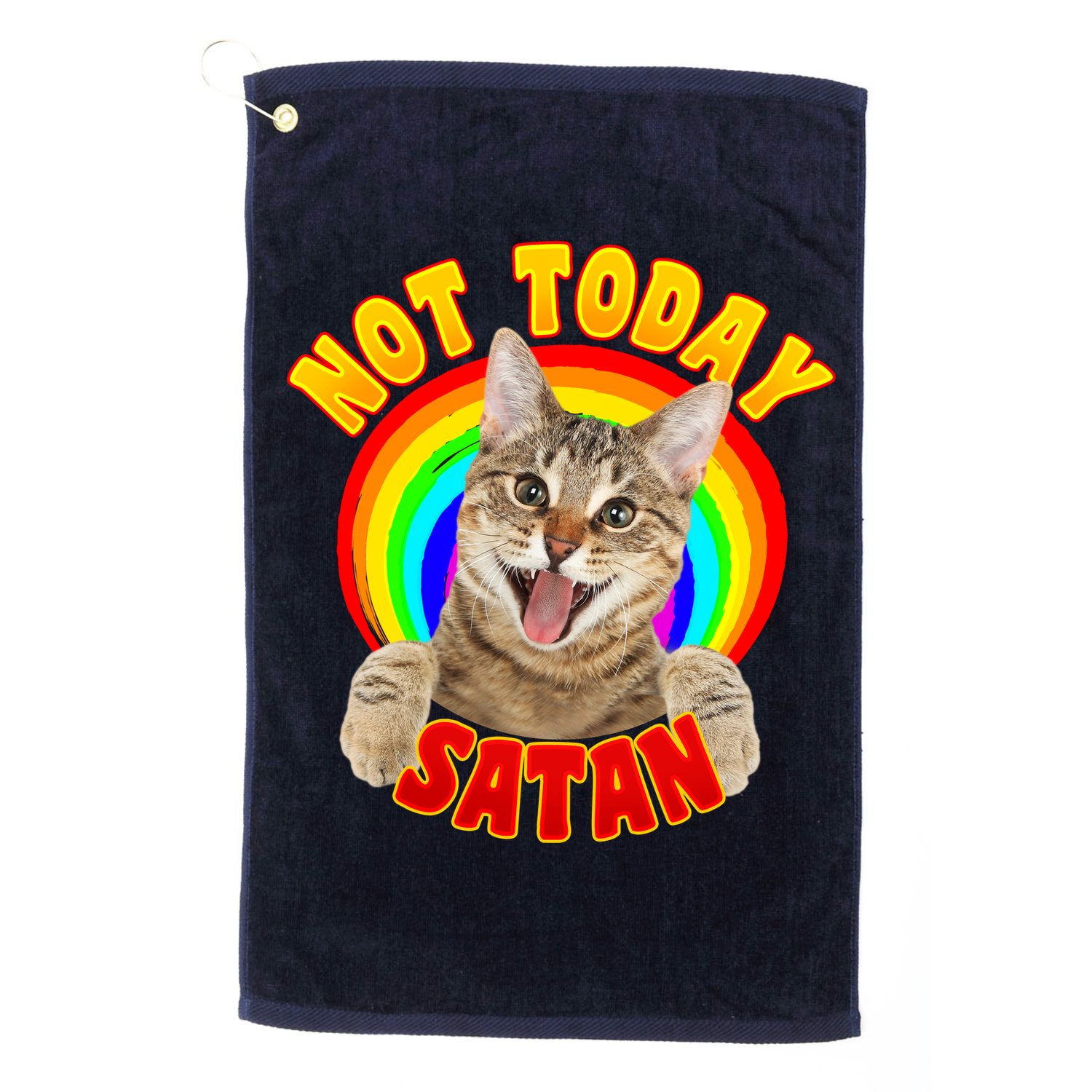 Not Today Satan Funny Cat Rainbow Golf Towel