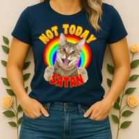 Not Today Satan Funny Cat Rainbow Womens T-Shirt