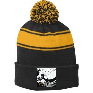 Night Of Terror Bats Fly Over Pumpkin Wave Stripe Pom Pom Beanie