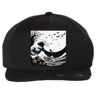 Night Of Terror Bats Fly Over Pumpkin Wave Wool Snapback Cap