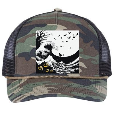 Night Of Terror Bats Fly Over Pumpkin Wave Retro Rope Trucker Hat Cap